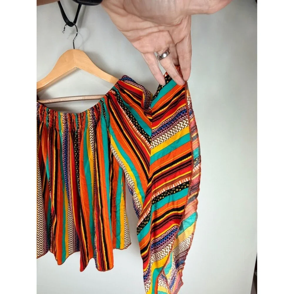 Multicolor Stripe Smocked Crop Top Medium Off Shoulder Flutter Sleeve